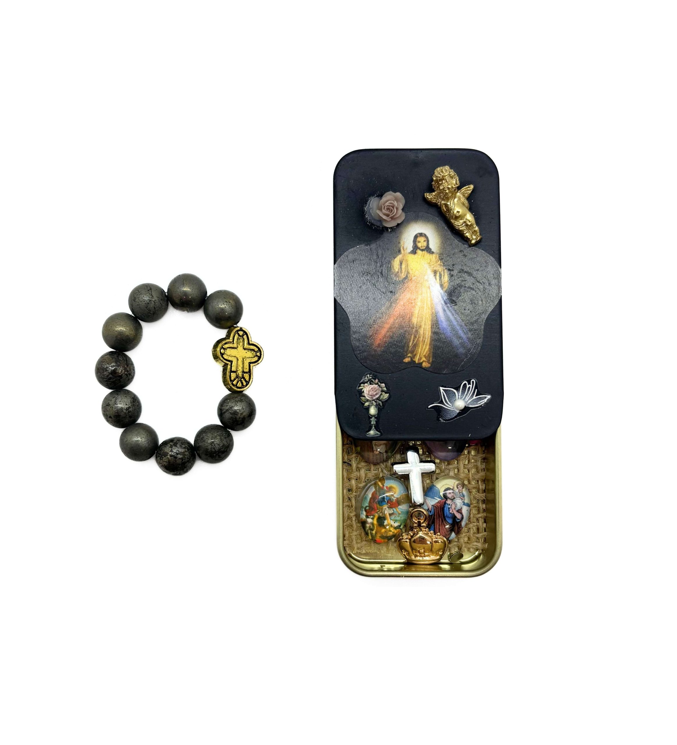 Ecrin de protection Jésus et dizainier en Pyrite – Image 2