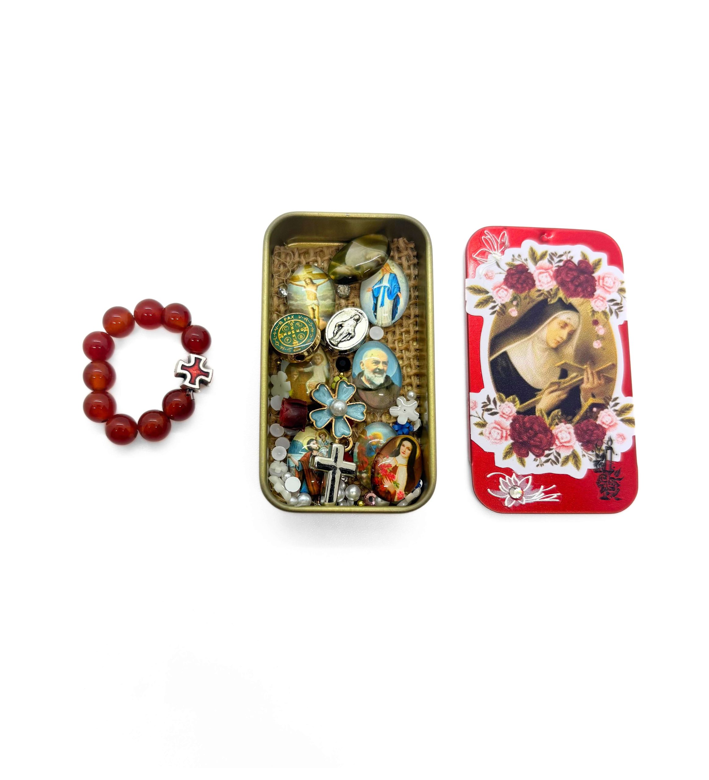 Ecrin de protection Sainte Rita et dizainier en cornaline