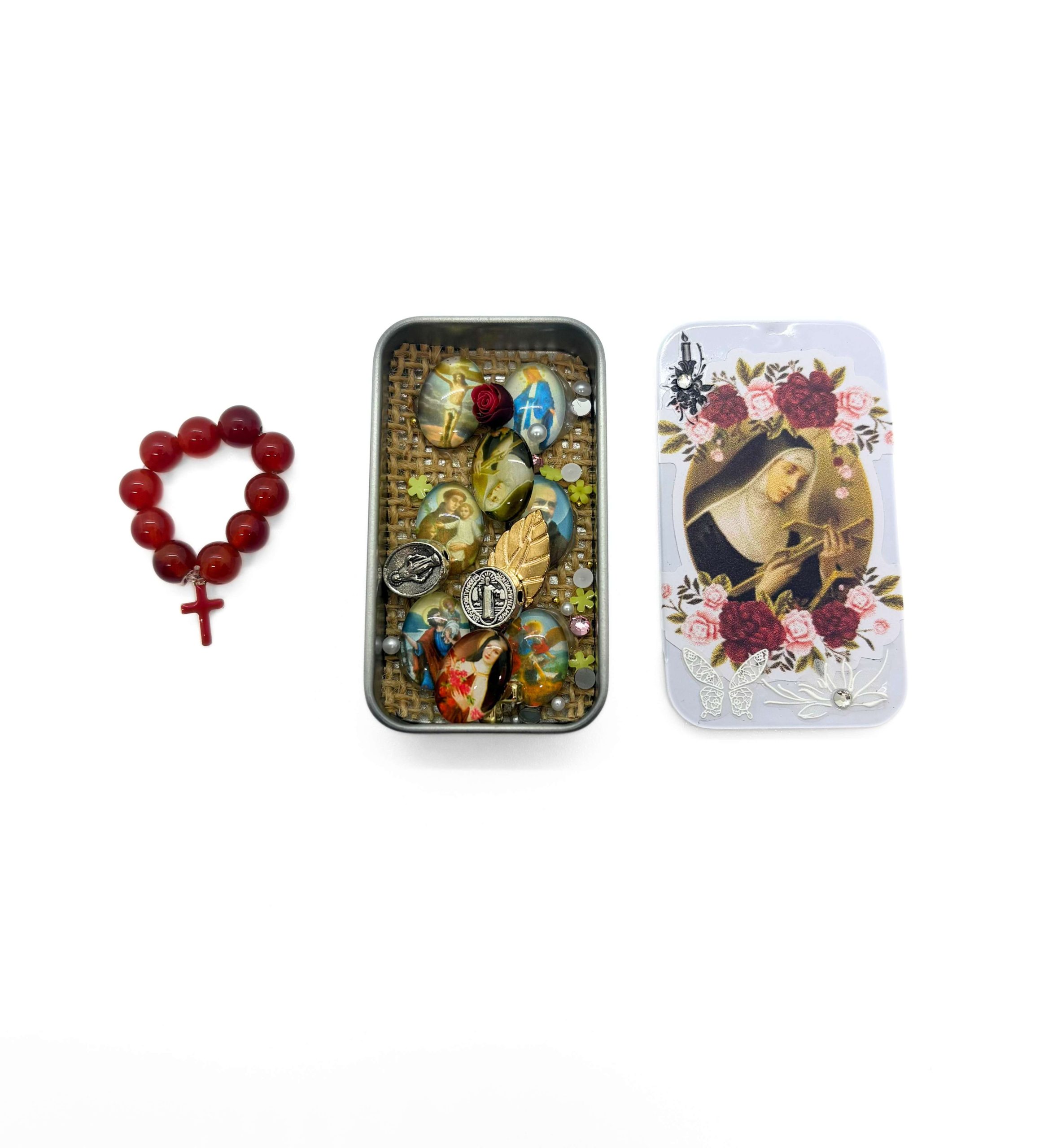 Ecrin de protection Sainte Rita et dizainier en cornaline