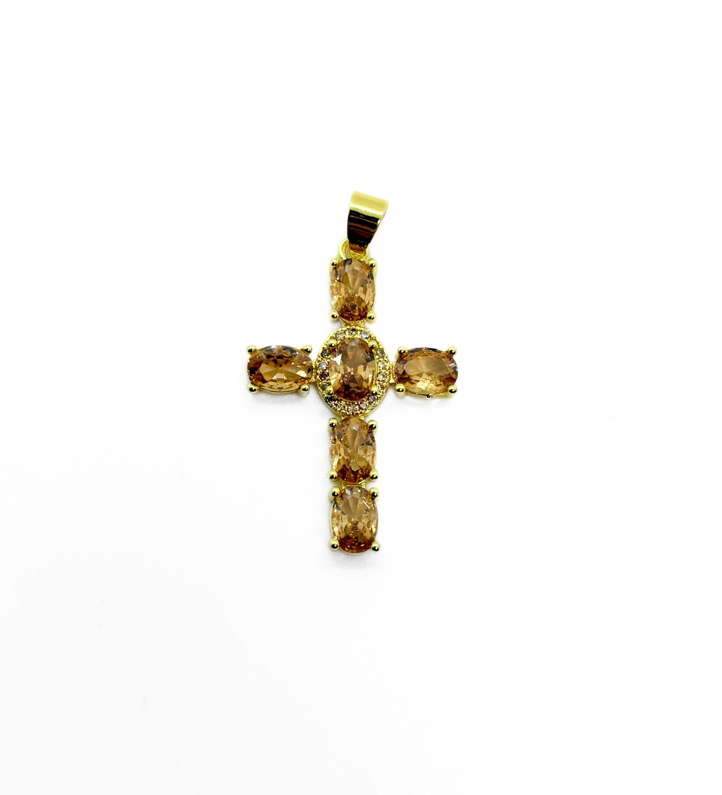 Pendentif croix dorée et cristal jaune